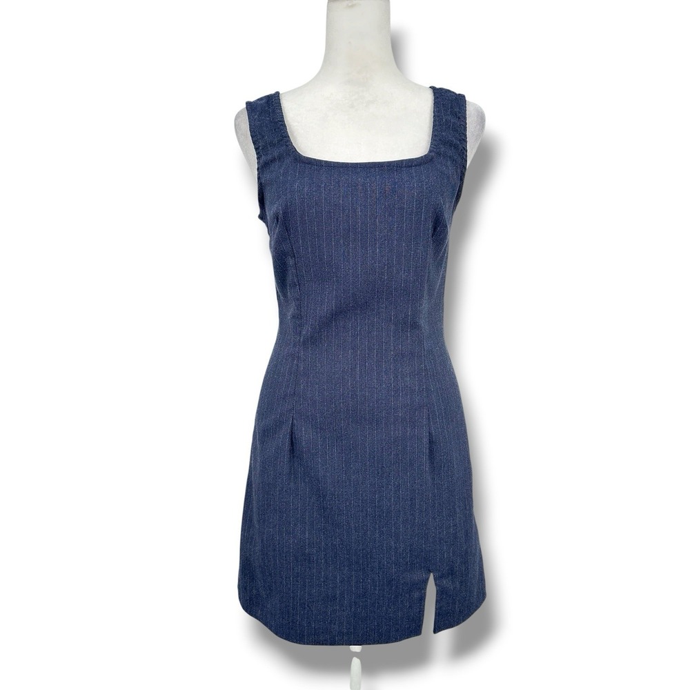 VTG Pinstripe Mini Dress Sz 3 Sleeveless Square Neck 90s Minimalist Office Siren